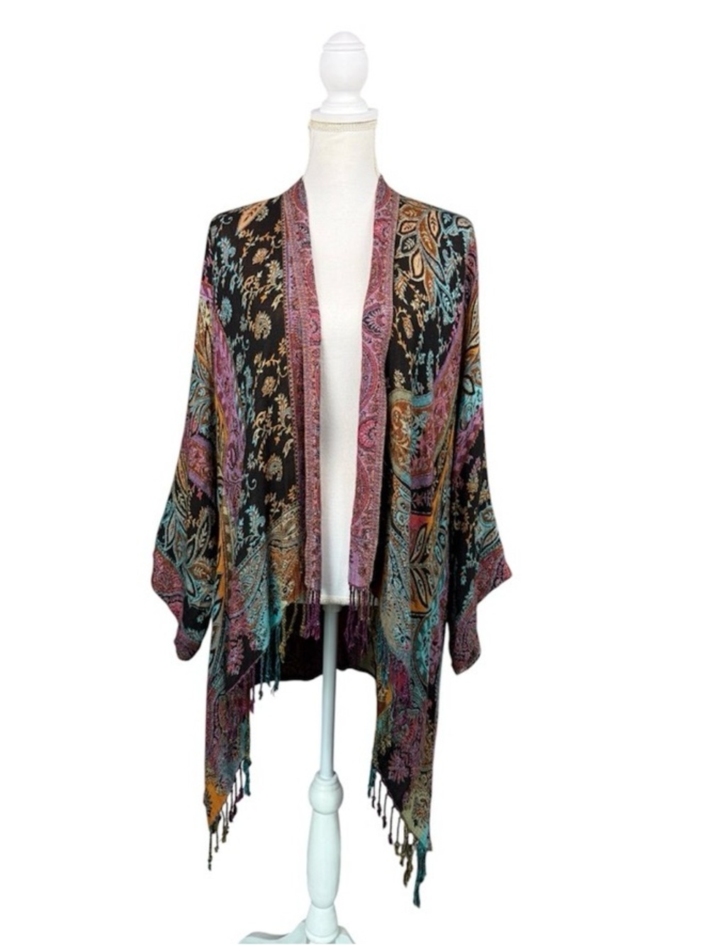 BOK Paisley Kimono Fringed Cardigan Turquoise Black Gold Red OS